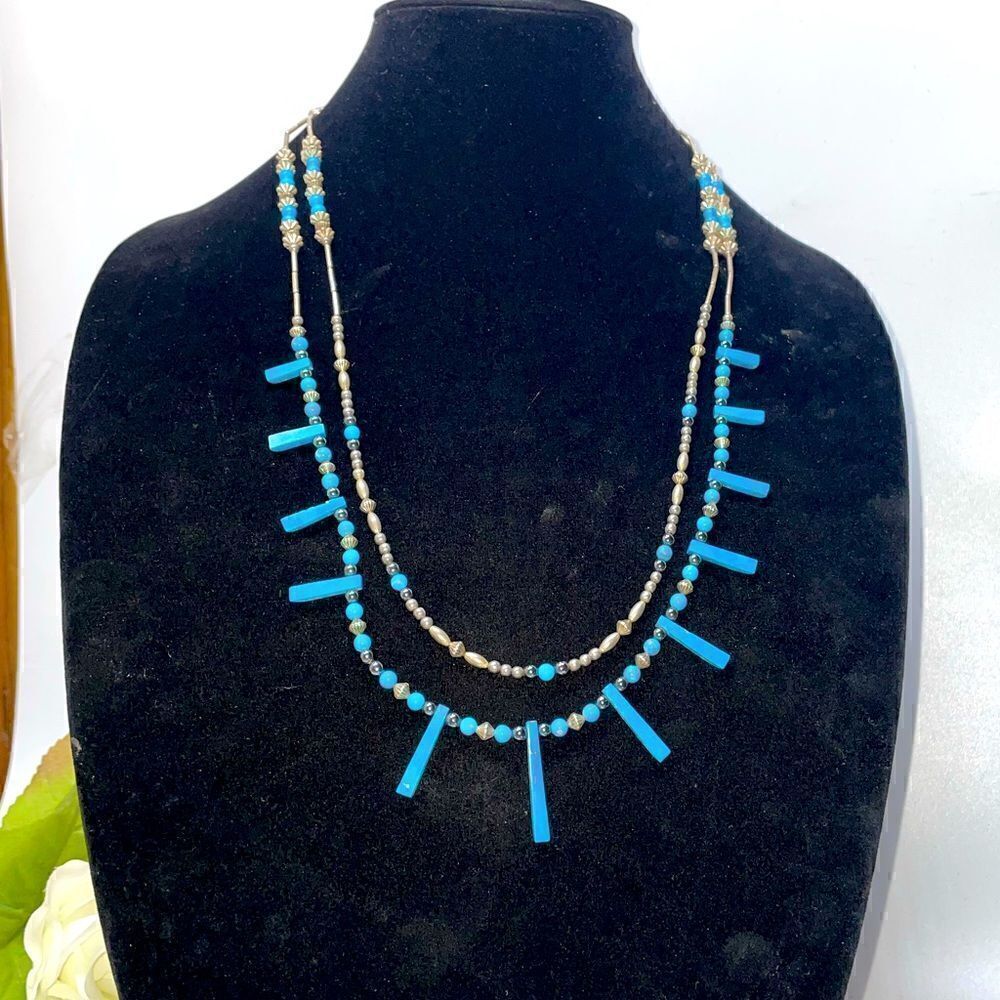 Silver & Turquoise Two Strand Necklace - Picture 3 of 4